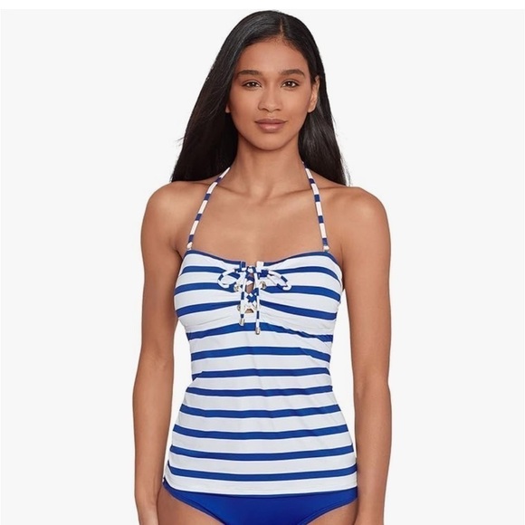 Lauren Ralph Lauren Port Stripe Lace Front Bandini Top swimsuit swimwear 16 - Picture 5 of 11